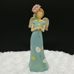 Angel in Blue Dress with Flowers Holding a Pink Daisy Figurine